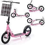 GHBXJX 290 mm Roller, Cityroller, Faltbarer Roller, Material aus Kohlenstoffstahl, mit Ständer, rutschfestem Pedal, höhenverstellbar, geeignet für über 7 Jahre, maximale Belastung 150 kg,Rosa
