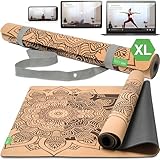 BACKLAXX ® Yogamatte Kork XXL [+50% mehr Fläche] mit Naturkautschuk - Yoga Matte nachhaltig, schadstofffrei, Yogamatte rutschfest, Fitnessmatte mit Anti-Rutsch-Zonen inkl. Tragegurt (ACHTSAMKEIT - XL)
