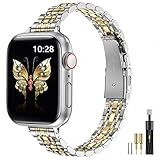 MioHHR Slim Band kompatibel mit Apple Watch Armband 38mm 40mm 41mm 42mm(Series 10),dünnes Edelstahl-Metallkettenband für Damen iWatch Bands Series 9 8 7 6 5 4 3 2 1 SE,Silber/Gold