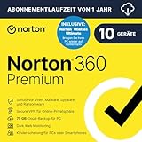 Norton 360 Premium 2024, Premium + Utilities Ultimate,10 Geräte, Antivirus, Secure VPN, 1-Jahres-Abonnement, PC,Mac,Android,iOS, Aktivierungscode per Email