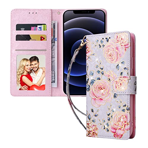 Entworfen für iPhone 12 Mini Wallet Case || Magnetische Blume Lederhülle || RFID-Blockierung || Kartenfächer Handschlaufe Kickstand Cover für Frauen Mädchen - Rosen