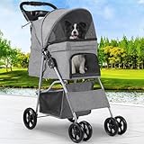 YITAHOME Haustierbuggy für kleine bis mittelgroße Hunde, 4-Rad-Hundebuggy mit Aufbewahrungskorb, Faltbarer Haustier-Reisewagen mit Getränkehalter & Aufbewahrungskorb (Grau)