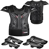 JUSTDOLIFE 5 Stück Motorrad Schutz Jacke, Motorrad-Rüstungsset für Kinder Jugend-Motocross Schutzkleidung für Jungen Mädchen Brustschutz mit Ellbogen Knieschonern für Radfahren Skateboarden (Schwarz)
