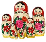 Semenovskay Rospis original russische Matroschka Puppen Babuschka Matrjoschka Holzpuppen klassisch Set in 7 Figuren (7 Puppen 16cm rotes Tuch)