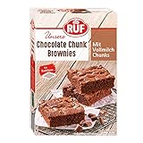 RUF Chocolate Vollmilch-Chunk Fudgy Brownies, Backmischung für Brownies mit Vollmilch-Schokostückchen, mit Backform, Rezept-Tipp für Cheesecake Erdnuss-Frischkäse-Brownies dabei, 1x410g