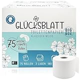 Glücksblatt Toilettenpapier Box, 3-lagig, 75 Rollen x 180 Blatt, 100% Zellstoff, Großpackung, superweiches Klopapier, WC Papier, ideal für Camping, wiederverwendbarer Vorratskarton