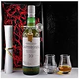 Geschenk Laphroaig 10 Jahre Single Malt Whisky + Portionierer + 2 Original Spey Dram Gläser mit Aufschrift