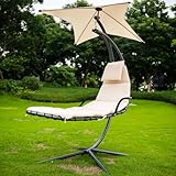 Dynamic24 Schwebeliege Ibiza mit Sonnendach UV-Schutz – ergonomische Relaxliege aus Metall für Garten & Balkon, wetterfeste Lounge Liege mit waschbarer Polsterauflage, modernes Design, beige