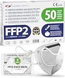 ADESTE – 50x FFP2 Maske, Hygienische 5-lagige Staubschutzmaske, EN149:2001+A1:2009 Mundschutzmaske EU2016/425, Weiß, Atemschutzmaske, Einzelne versiegelte Beutel