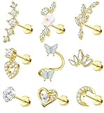 JeweBella 9PCS 16G Helix Piercing Chirurgenstahl für Damen Knorpel Ohrringe Zirkonia Blume Herz Schmetterling Ohrstecker Labret Nase Conch Piercing Set Tragus Piercing Ohr Schmuck Silber/Gold