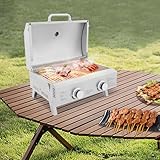 Edelstahl Tisch-Gasgrill klappbar Balkongrill, Tragbarer BBQ Grill für Outdoor Camping mit 2 Brennern, Grillrost, fettauffangwanne & Deckel