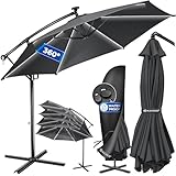 KESSER® Alu Ampelschirm LED Solar Ø300cm Inkl. Fernbedienung,Cover, Sicherheitsseile Kurbelvorrichtung Kurbelschirm mit Ständer 360° Funktion UV-Schutz Aluminium Wasserdicht Garten-Schirm Anthrazit