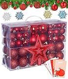 Bixury Weihnachtskugeln Rot Weihnachtskugeln Kunststoff, 105er Set Christbaumkugeln Rot Weihnachtsschmuck mit Christbaumspitze Stern, Weihnachtsbaumkugeln mit 4 Schneeflocken Deko Plus 5 Karte