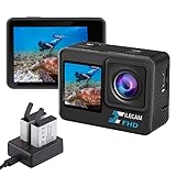 Xilecam Dual Screen Action Cam 1080P /WiFi wasserdichte Kamera, 4 x Zoom, 131 Fuß (40 m), wasserdichte Unterwasserkamera mit 2 x 1050 mAh Akku und Multifunktionalem Zubehör(L300)