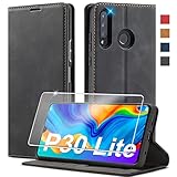 Handyhülle für Huawei P30 Lite Hülle Leder [mit P30 Lite Schutzfolie] für Huawei P30 Lite Hülle Klappbar Stoßfeste Flip Leder Schutzhülle Case Handyhülle für P30 Lite
