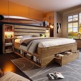 Kebnor Doppelbett Massivholzbett, Stauraumbett Bettanlage mit LED-Beleuchtung und USB C Stauraum-Kopfteil und Schubladen, Bettgestell Lattenrost aus Holz, Eiche(Ohne Matratze) (180×200cm)