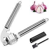 Nutabevr Edelstahl Knoblauchpresse, Knoblauchschneider aus rostfreiem mit Knoblauchschäler und Reinigungsbürste, Knoblauchschneider Garlic Press und Spülmaschinenfest Bequem und leicht zu Reinigen