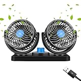 Gobesty Auto Ventilator, 5V USB Doppelkopf Autolüfter, Tragbarer Autolüfter, 360 Grad Drehen Gebläse Klimaanlage Fan Wenig Lärm Auto Lüfter 2-Gang Doppellüfter für Auto Home Office Ventilator, Schwarz