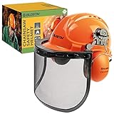 BLOSTM ﻿﻿Schutzhelm Kettensäge - 3-in-1 Orange Forsthelm, Schutzhelm mit Visier Stahlnetz, Forstschutzhelm mit integriertem Gehörschutz, Verstellbarer Kettensägen Helm mit Ratschensystem