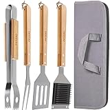 Praknu Grillbesteck Set mit Holzgriffen - Mit Tragetasche Hitzebeständig, Rostfrei und Robust - Set mit Grillbürste, Zange, Wender und Fleischgabel