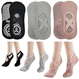 KEYRI 3 Paar Yoga Pilates Socke Rutschfeste Socken für Frauen Mädchen, Grippige Socken BodenSocke Anti-Rutsch Griffe Riemen, Einheitsgröße Atmungsaktive Socken für Fitness Ballett