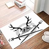 QMDCTWBH Badezimmerteppich 50x80cm,Helm mit Geweih und Wikingerschwert Schablone,rutschfest Badematte,Badvorleger rutschfest waschbar,Badteppich Saugfähig Flauschig,