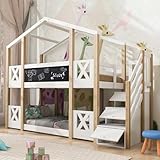 Etagenbett Holzbett 90 x 200cm mit Tafel und Stauraum Treppe, Hochbett Hausbett Bodenbett Kinderbett Funktionsbett mit 2 Lattenrost und Rausfallschutz für Kinder und Jugendliche, Weiß + Natur