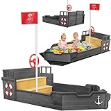 KIDIZ® Sandkasten AHOI - Piratenschiff Boot Segelschiff aus Holz Inkl. Abdeckung, Bodenplane, Sitzbank, Flaggenmast, Spielzeuge | Große Kinder Sandkiste für den Garten | Outdoor Sandbox Antrazit