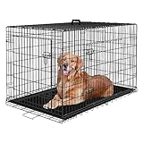 PayLessHere Große Hundebox für mittelgroße und große Hunde, Metall-Hundekäfig, Doppeltür, faltbar, für Reisen, drinnen und draußen, Welpenlaufstall mit Trennwand und Griff, Kunststoffwanne (122 cm,