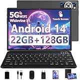 Tablet 10 Zoll Android 14 mit Tastatur, Octa-Core 2.0Ghz, 5G+2.4G WLAN, 22GB RAM+128GB ROM TF 1TB, 8000mAh, BT 5.0, GPS, Widevine L1, Gesichtserkennung, 1280*800, 8+5MP, Tablet mit Maus, Schwarz