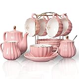 Sweejar Home 22 Stück Europäischen Stil Teeservice, Teetasse und Untertasse Set, Keramik Kaffeeset, Teeset Royal Family aus Porzellan, für 6 Personen, 225 ml-Tassen rose