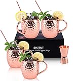 SIKITUT Moscow Mule Becher 4er Set, Handgefertigt Kupferbecher, 550ml Cocktail Set mit: 4 Hochwertige Kupferne Gläsern, 4 Cocktailstrohhalme und 1 Jigger