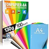 100 Blatt TONPAPIER - Buntes Papier DIN A4-130g/m² Set 20 Farben – Stabil Bastelpapier & Farbige Blätter, Kinder & DIY Bogen, Zubehör zum Basteln - BLAUER ENGEL & PEFC zertifiziert