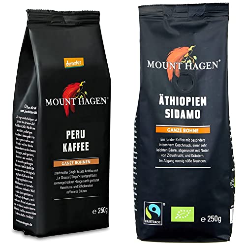 Mount Hagen Bio Demeter Röstkaffee Peru, 250g ganze Bohne & Bio Fairtrade Röstkaffee Äthiopien, 250g ganze Bohne