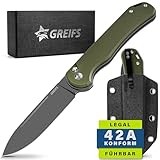 GREIFS® Klappmesser Paxos (Zweihandmesser) aus D2 Stahl mit Buttonlock und Kydexscheide, EDC Messer Outdoor Messer & Survival Taschenmesser, Überlebensmesser, Jagdmesser (TitanGreen)