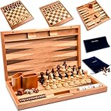 Pointworks 43,2 cm Schach-Checker-Backgammon-Set für Erwachsene, Holz-Schach-Set, tragbar, faltbar, zweiseitiges Brett, Multi-Spiel-Design, Ahorn-Walnuss-Inlay mit großen gewichteten Teilen