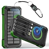 Power Bank 56800mAh:30W Solar Powerbank USB C Wireless Charging Externer Akku Ladegerät mit 4 Kabeln Schnellladung 6 Ausgänge 3 Eingänge,Powerbank Solar Outdoor mit Camping LED Lampe, Kompass