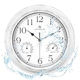 Lafocuse Wasserdicht Lautlos Wanduhr mit Thermometer und Hygrometer, Outdoor Retro Wanduhr Weiß Shabby Chic, Ohne Tickgeräusche Vintage Deko für Badezimmer Garten Küche Verandas 30cm