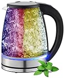 Glas Wasserkocher 1,8 Liter | 2200 Watt | Edelstahl mit Temperaturwahl | Teekocher | 100% BPA FREI | Warmhaltefunktion | LED Beleuchtung im Farbwechsel | Temperatureinstellung (40°C-100°C)