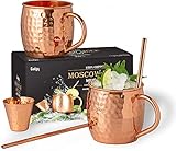 Gadgy Moscow Mule Becher Set - Cocktailbecher Set 2 Kupferbecher, 2 Strohhalme, 1 Barmaß - Kupferbecher reines Kupfer - Kupferbecher Moscow Mule handgemacht - Kupfer Becher Party Geschenk