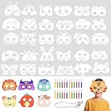 UptVin 32 Stück Tiermasken für Kinder, Blanko Masken zum Ausmalen Kreative Masken Kinder mit Elastische Schnur und Aquarellstifte für Halloween, Weihnachten, Bühnenaufführungen, Themenpartys
