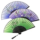 TAIYOU 3 Stück Falten Handfächer Hand Folding Fans 3 Farben Bambus Handheld Faltfächer Asiatischer Stil Folding Fans mit Quaste für Geschenke Wanddekoration Party Tanzabend Grün Blau Lila