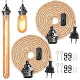 GOMETY 2 Stück Pendelleuchte mit Schalter und Stecker, E27 Lampenfassung 4,5M Hanfseil Lampe Vintage Lampenkabel Hängelampe Pendellampe DIY Hängende Hängeleuchte für Farmhouse Loft Lager (Braun)