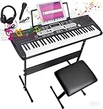 Keyboard Piano, 61 Key Keyboard für Einsteiger, mit Keyboardständer, Klavierbank, Mikrofon, Kopfhörer, Notenablage, LED-Bildschirm, Lehrmodi, E-Piano Keyboard Geschenk für Kinder ab 7 Jahre (Schwarz)