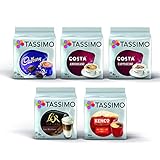 Tassimo Coffee Selection – Costa Cappuccino/Americano/Cadbury Hot Chocolate/L'Or Latte Macchiato/Kenco Americano Kapseln – 5 Packungen (56 Portionen)
