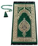 Prien Gebetsteppich Muslim mit Tesbih | Seccade mit Gebetskette | Gebetsmatte Islam für Frauen | Islamische Teppich Geschenke Set für Männer | Prayer Mat Geschenk Gebet Ramadan Namazlik (Grün)