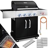 KESSER® Gasgrill Master BBQ 800°C Infrarot & Grillthermometer LED-Beleuchtung Keramik 4+1 Brenner aus Edelstahl XXL Grillwagen Grill Seitenkocher 5-11 KG Gasflasche & Schlauch Piezozündung Schwarz