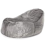 Icon Sitzsack-Liege Flauschig aus Kunstfell, Grau, XXL Sitzsack Sessel für Erwachsene, Riesensitzsack mit Füllung für das Wohnzimmer, Sitzsack Groß