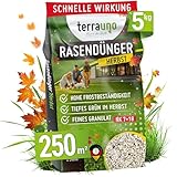 TerraUno Herbstdünger Rasen, mit extra Kalium für Winterschutz, Rasendünger Herbst, 5 kg für 250 m², Herbstrasendünger für schnelles & tiefes Grün, Staubarm, Herbst Rasendünger für den Streuwagen