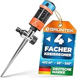 GRÜNTEK 4-facher Multifunktions-Kreisregner bis 452 qm. Großflächiger Sprinkler Rasensprenger mit Sektoreinstellung 30°- 360° optimale Gartenbewässerung Regner